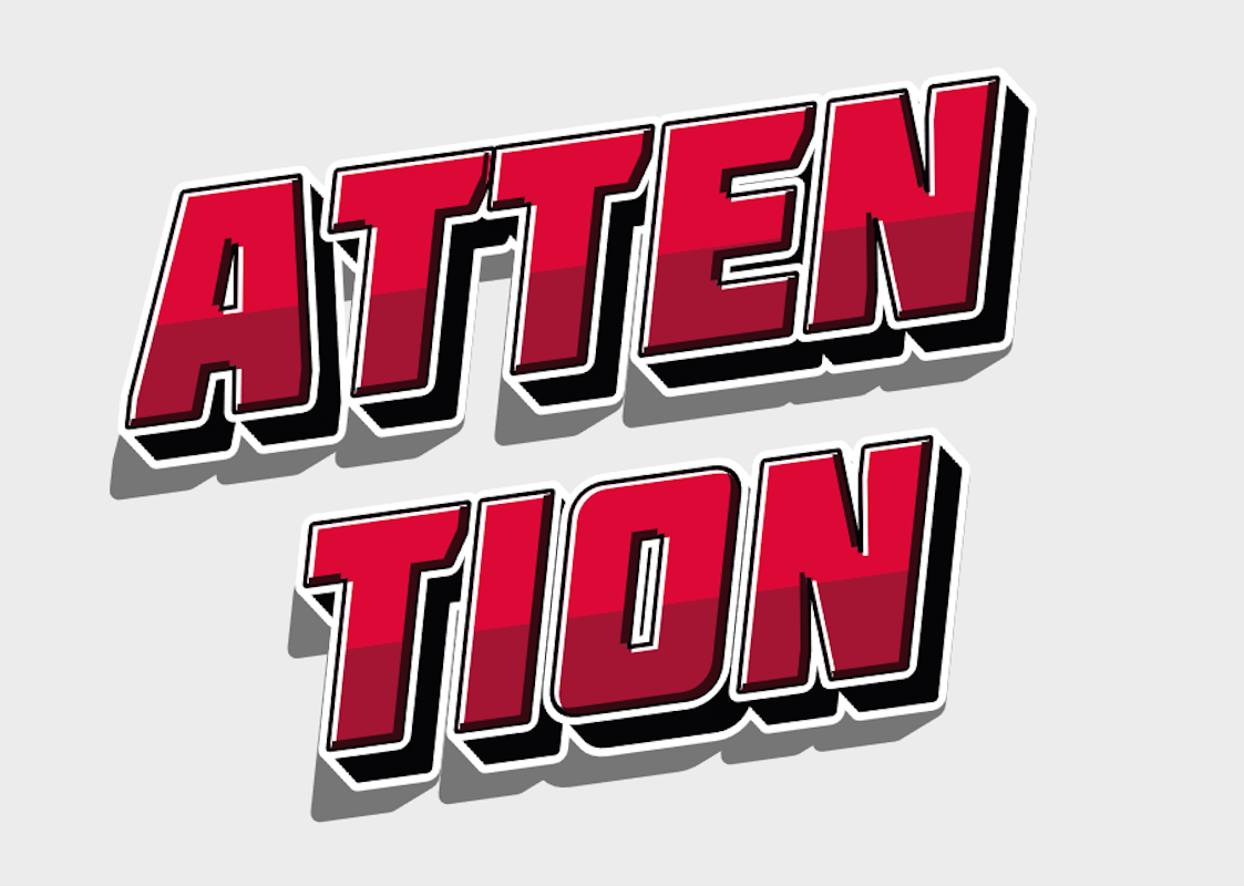 'Attention' - Texto 3D Brilhante em Estilo Quadrinhos